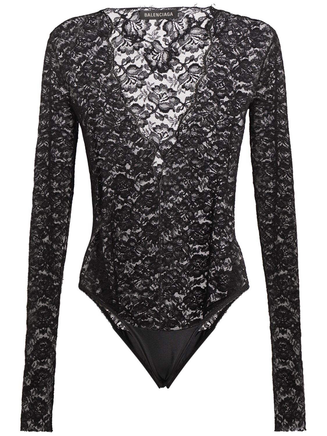 Balenciaga Nylon Blend Lace V-neck Bodysuit In Black