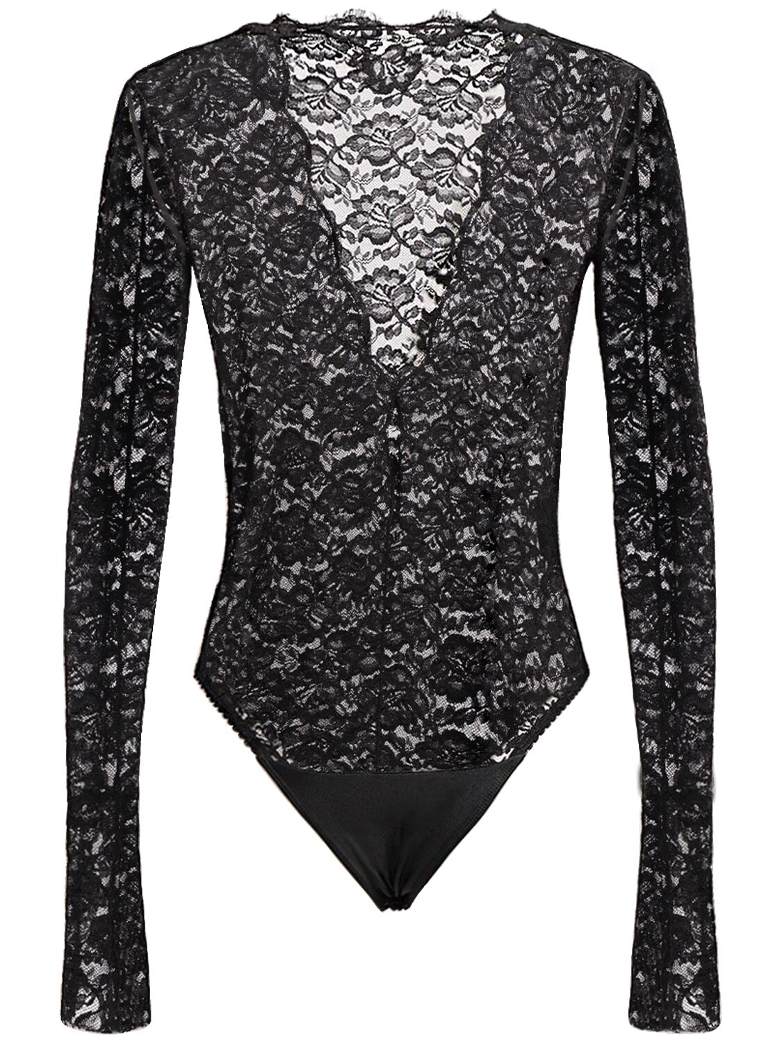 Shop Balenciaga Nylon Blend Lace V-neck Bodysuit In Black