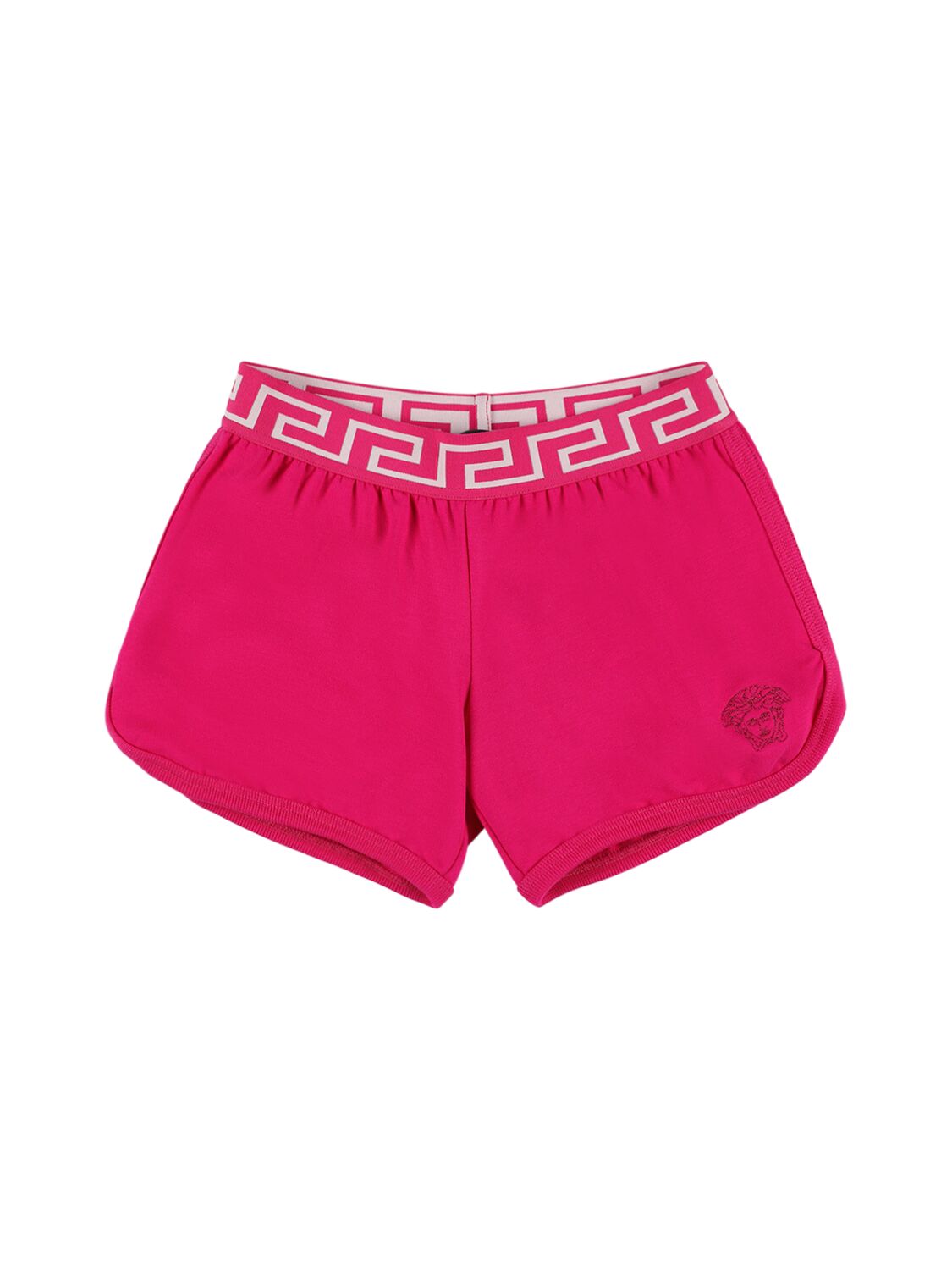 Versace Kids' 刺绣棉质平纹针织短裤 In Bright Pink/fuchsia