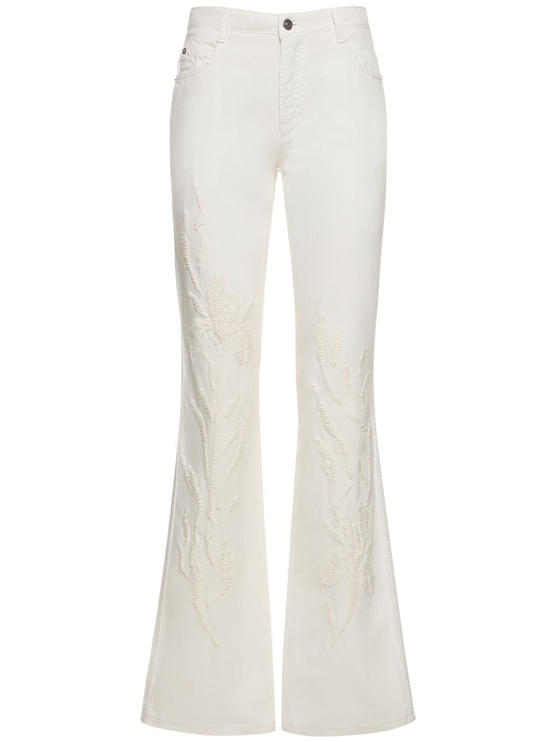 Image of Cotton Denim Embroidered Flared Jeans