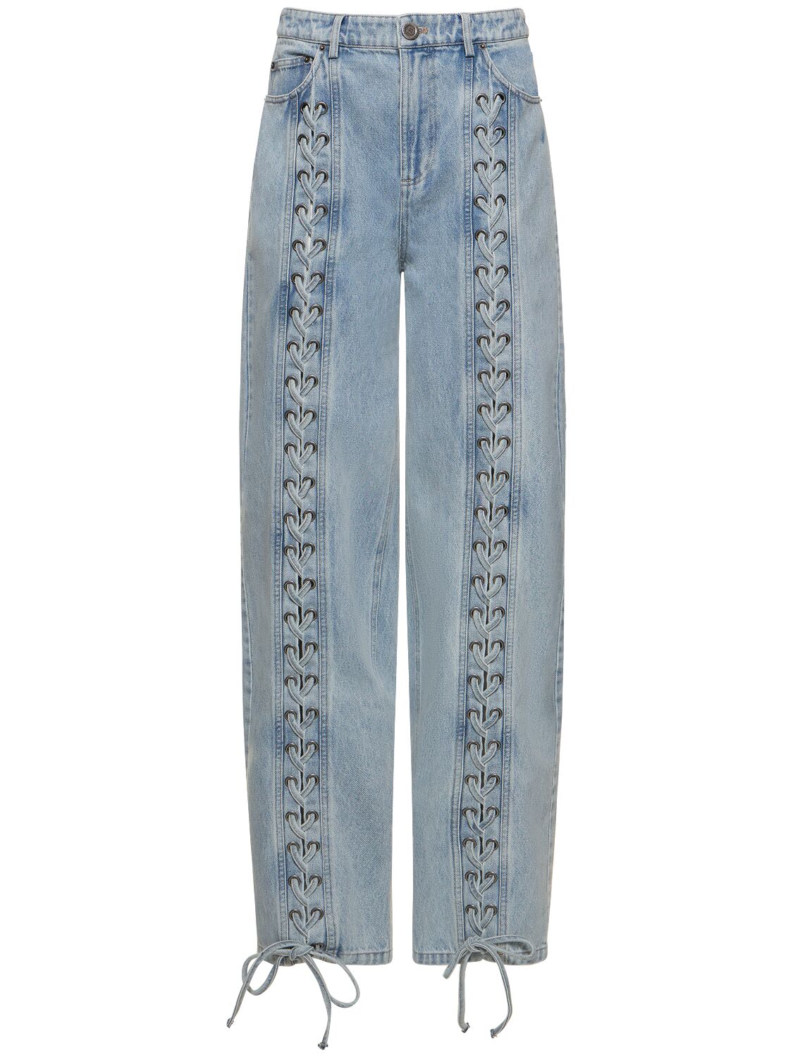 Rotate Birger Christensen Denim Lace-up Straight Trousers In Light Blue Denim