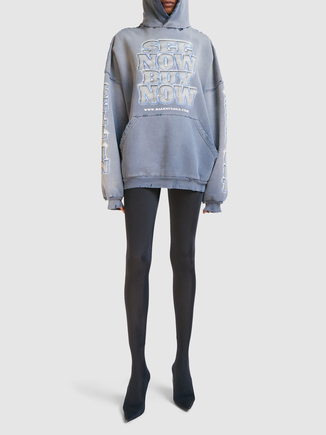 Shop Balenciaga Large Fit Cotton Hoodie In Washed Blue