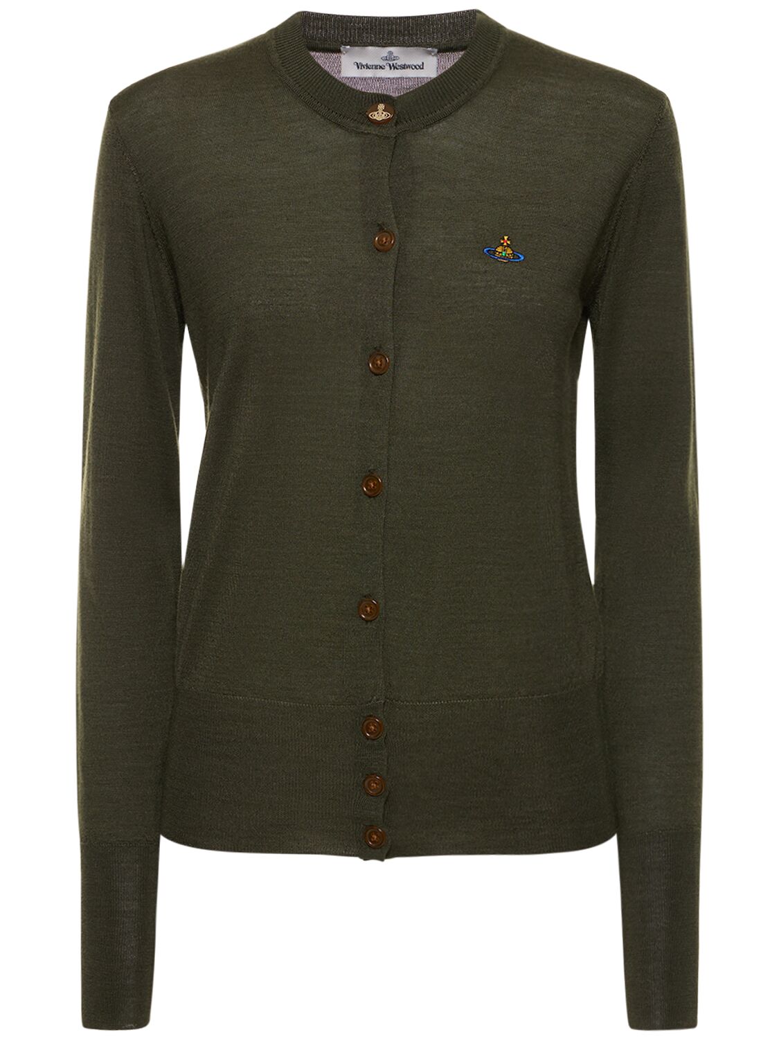 Shop Vivienne Westwood Bea Wool & Silk Cardigan W/ Logo In Dark Green