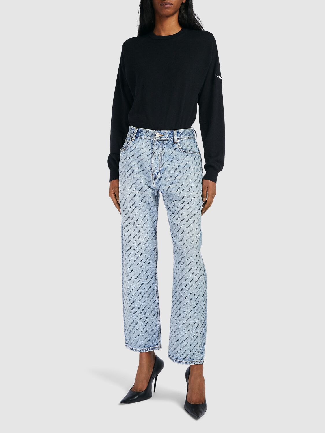 Shop Balenciaga Buckle Loose Fit Denim Jeans In Iced Blue