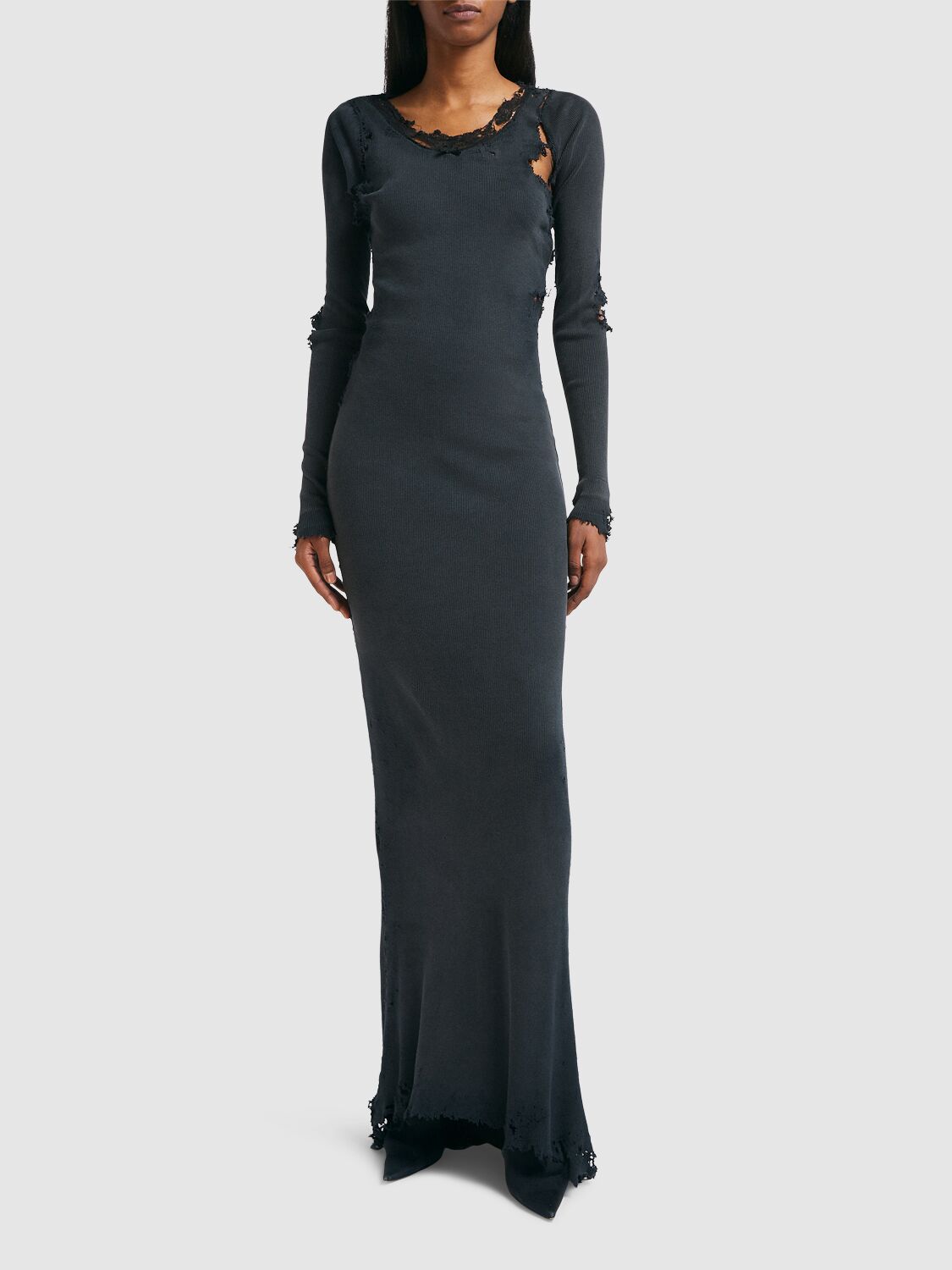 Shop Balenciaga Distressed Cotton Maxi Dress In Washed Black