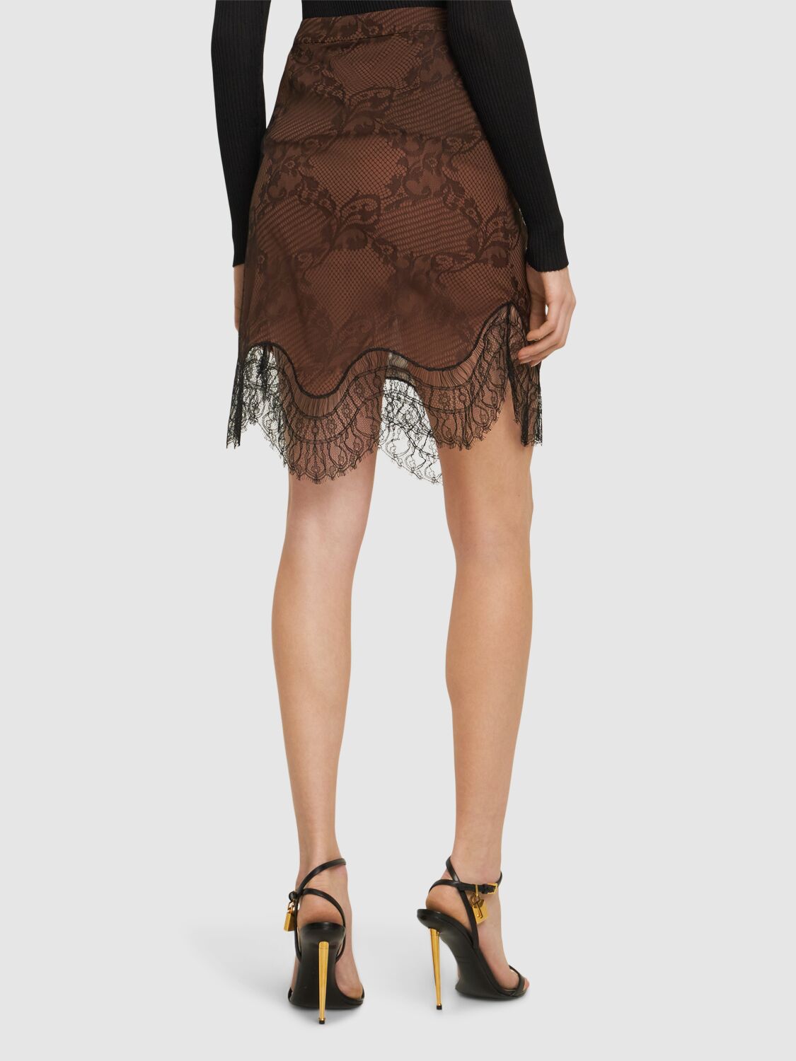 Shop Tom Ford High Rise Midi Skirt W/ Lace In Multi,black