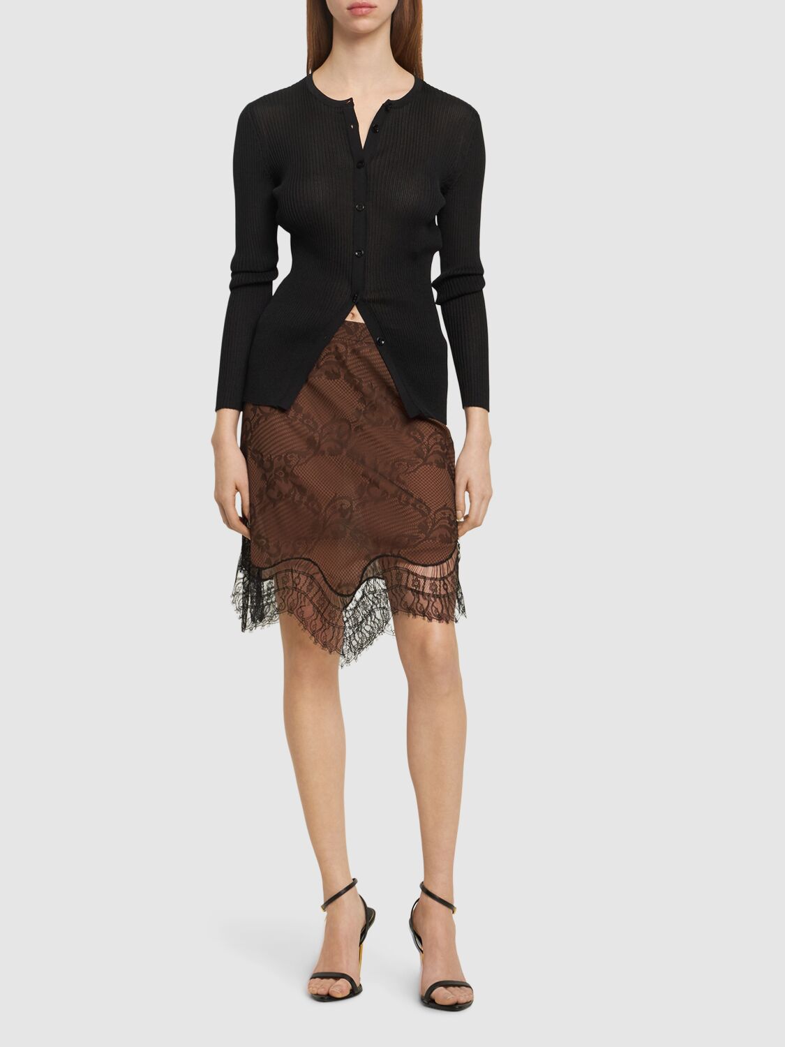 Shop Tom Ford High Rise Midi Skirt W/ Lace In Multi,black