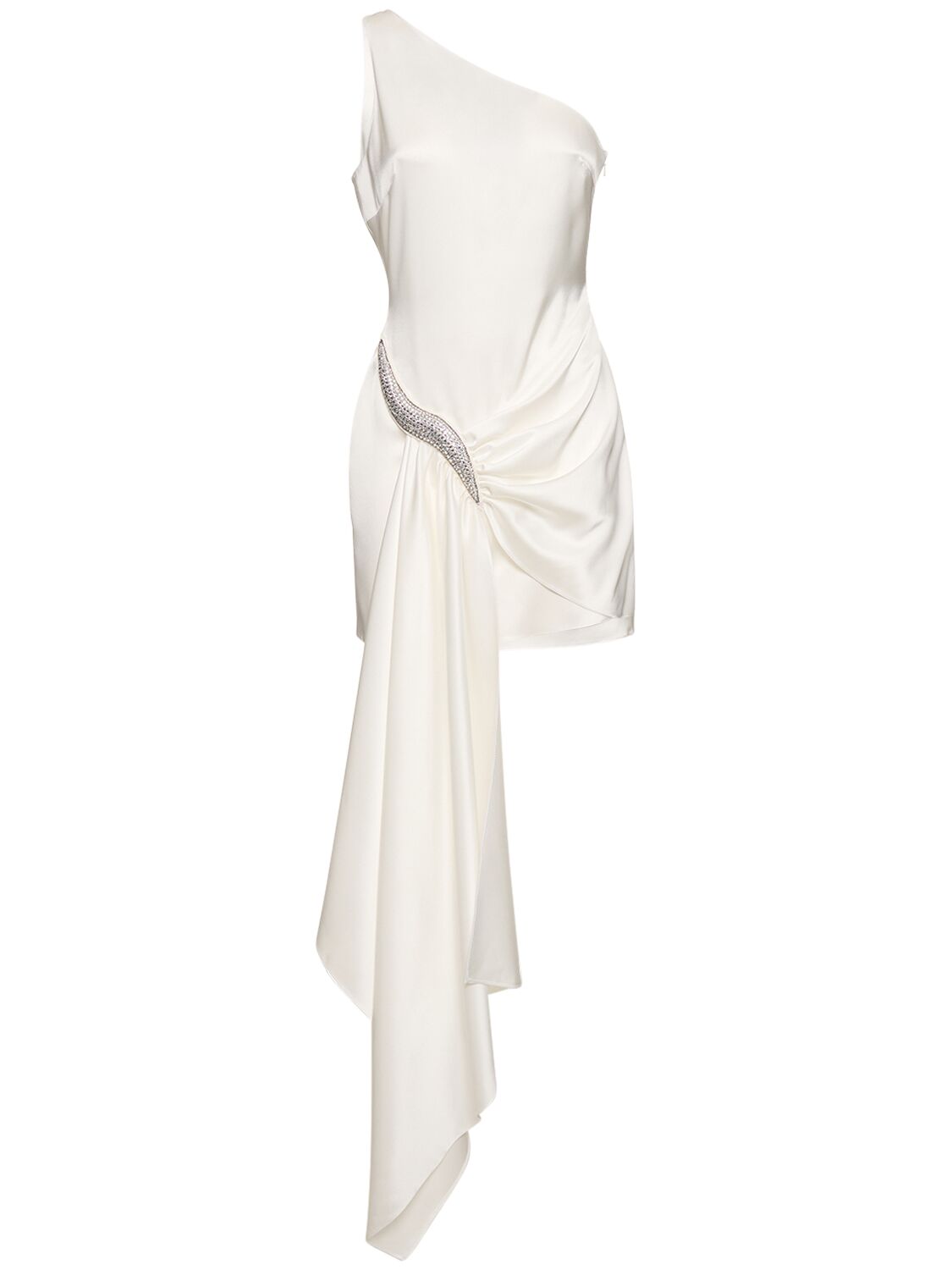 David Koma One Shoulder Satin Mini Dress W/crystal In White
