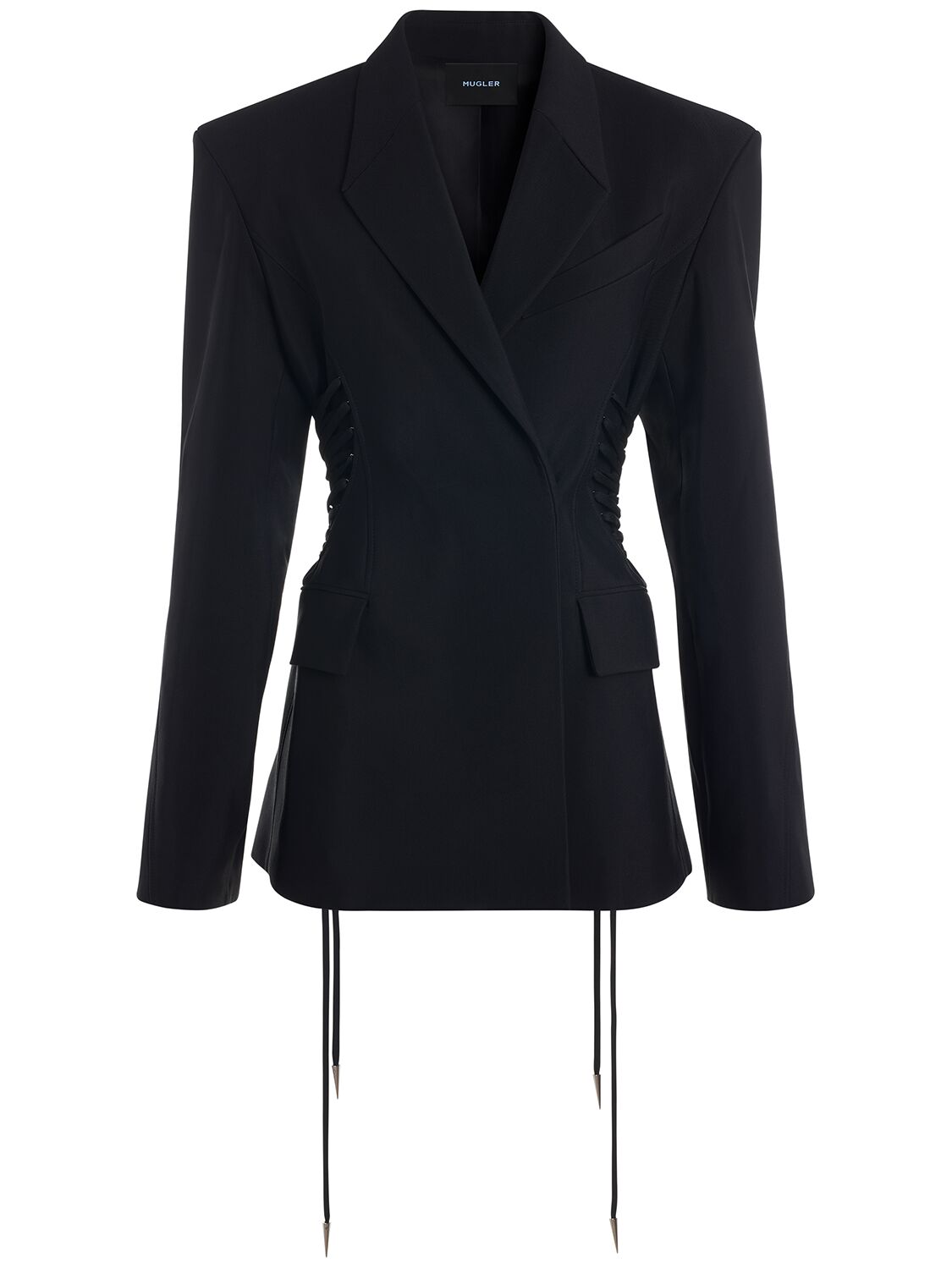 Mugler Fitted Waist Oversized Jacket W/ Laces In Black