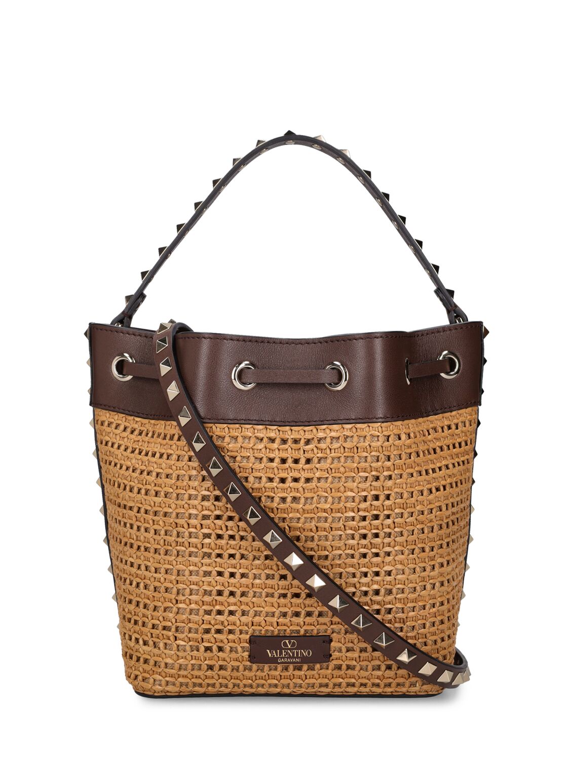 Shop Valentino Rockstud Raffia Effect Bucket Bag In Tabacco,cacao