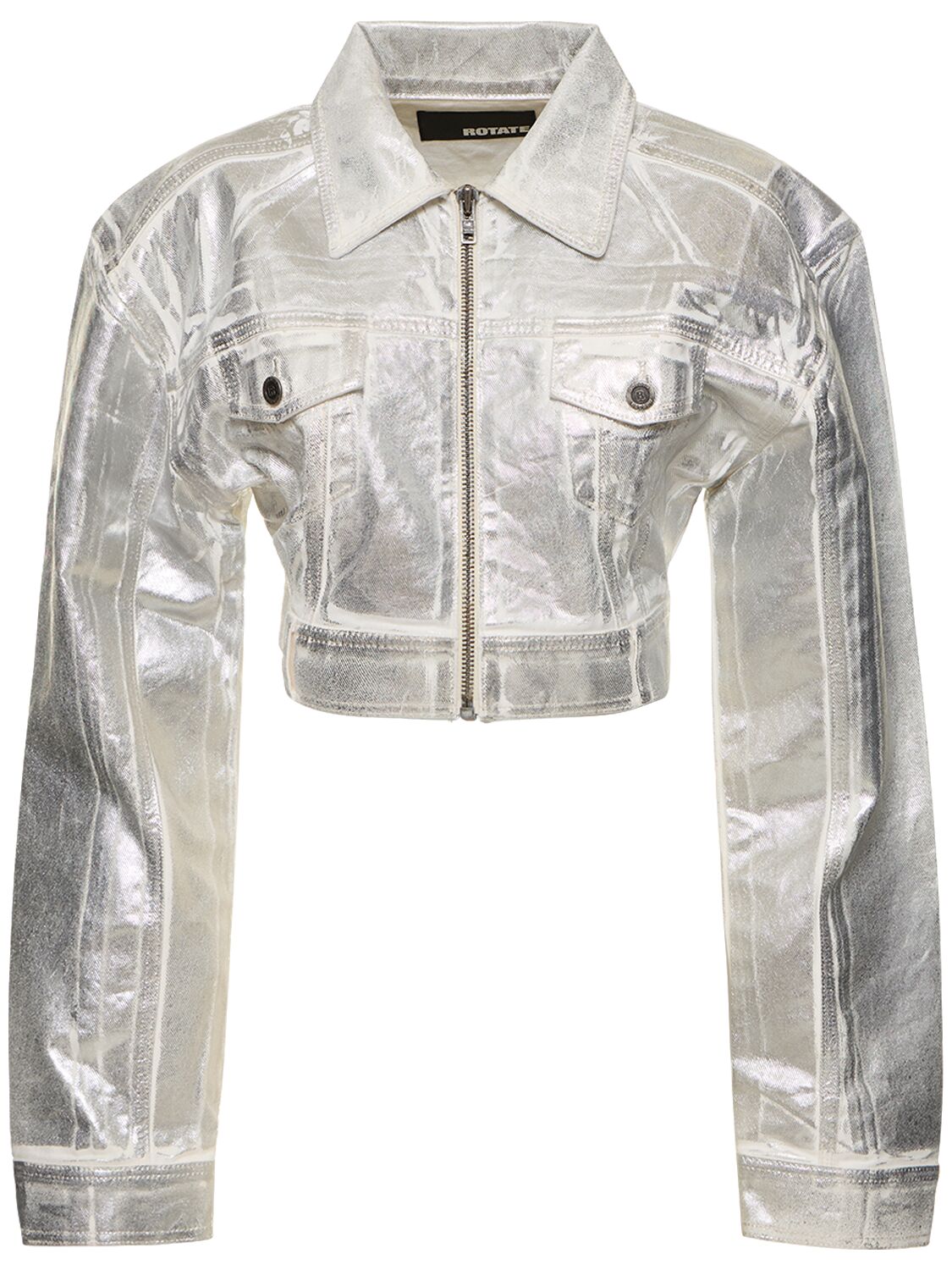 Rotate Birger Christensen Coated Denim Cropped Jacket In White Alyssum