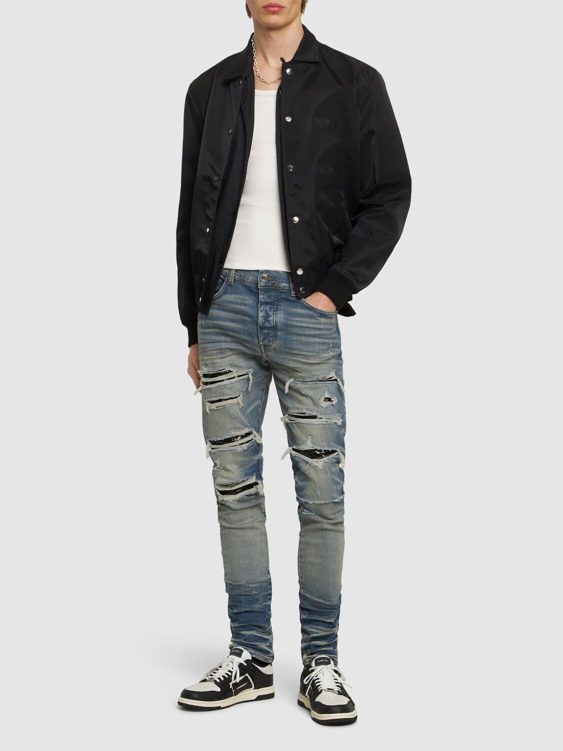 Shop Amiri Sequin Thrasher Cotton Stretch Jeans In Blue