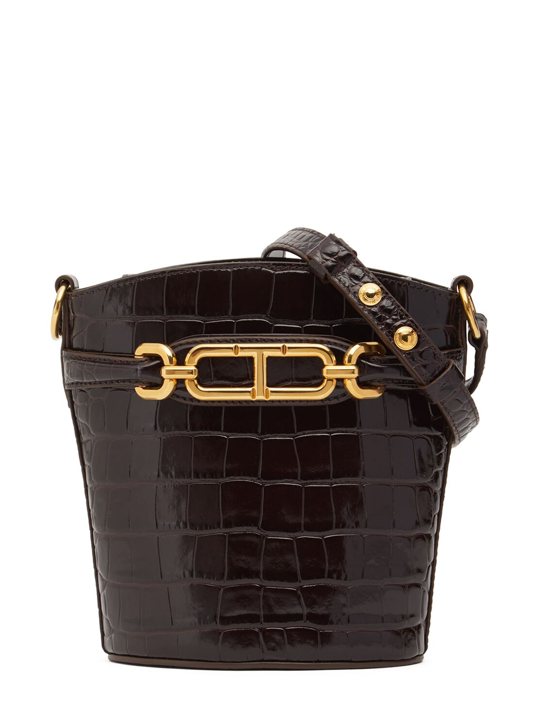 Tom Ford Small Shiny Stamped Croc Bucket Bag In Espresso