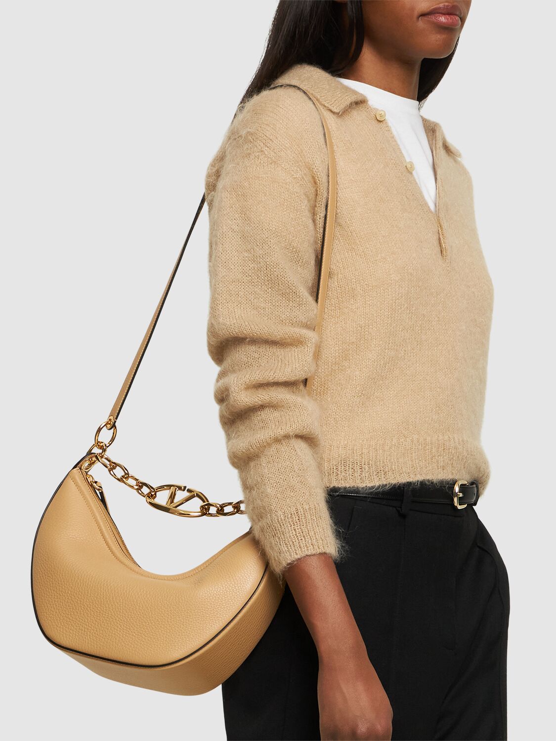 Small V Logo Gate Leather Top Handle Bag