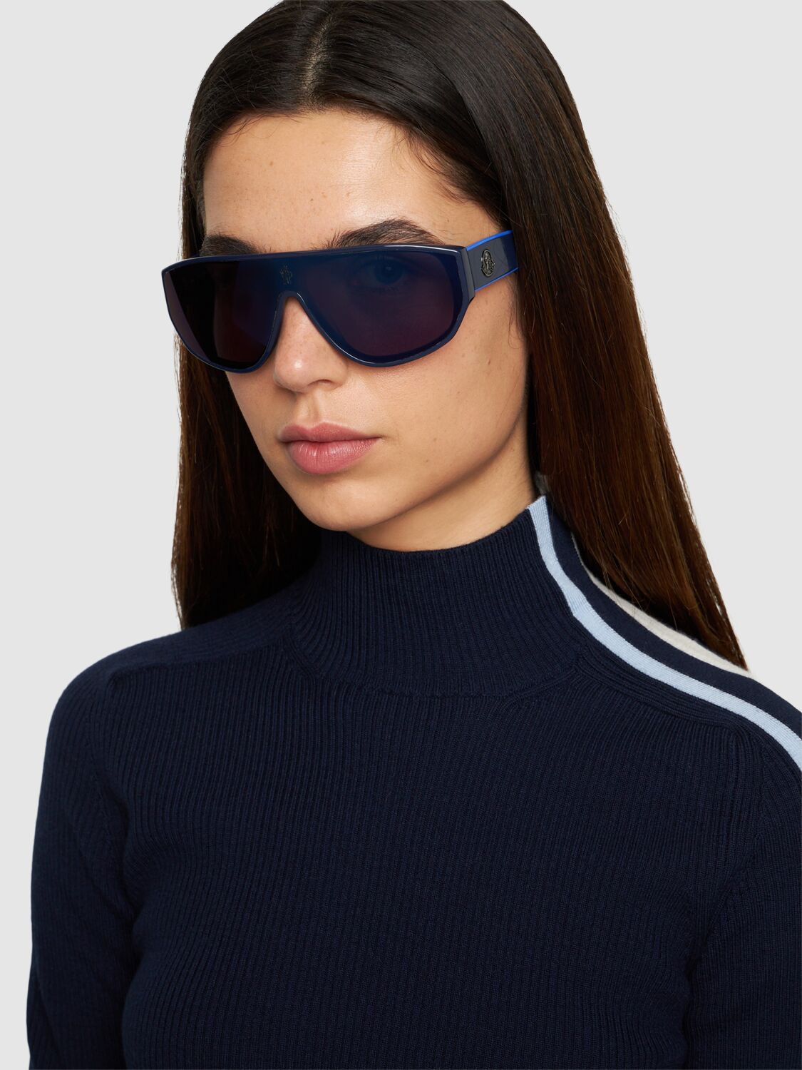 Shop Moncler Tronn Shield Acetate Mask Sunglasses In Shiny Navy