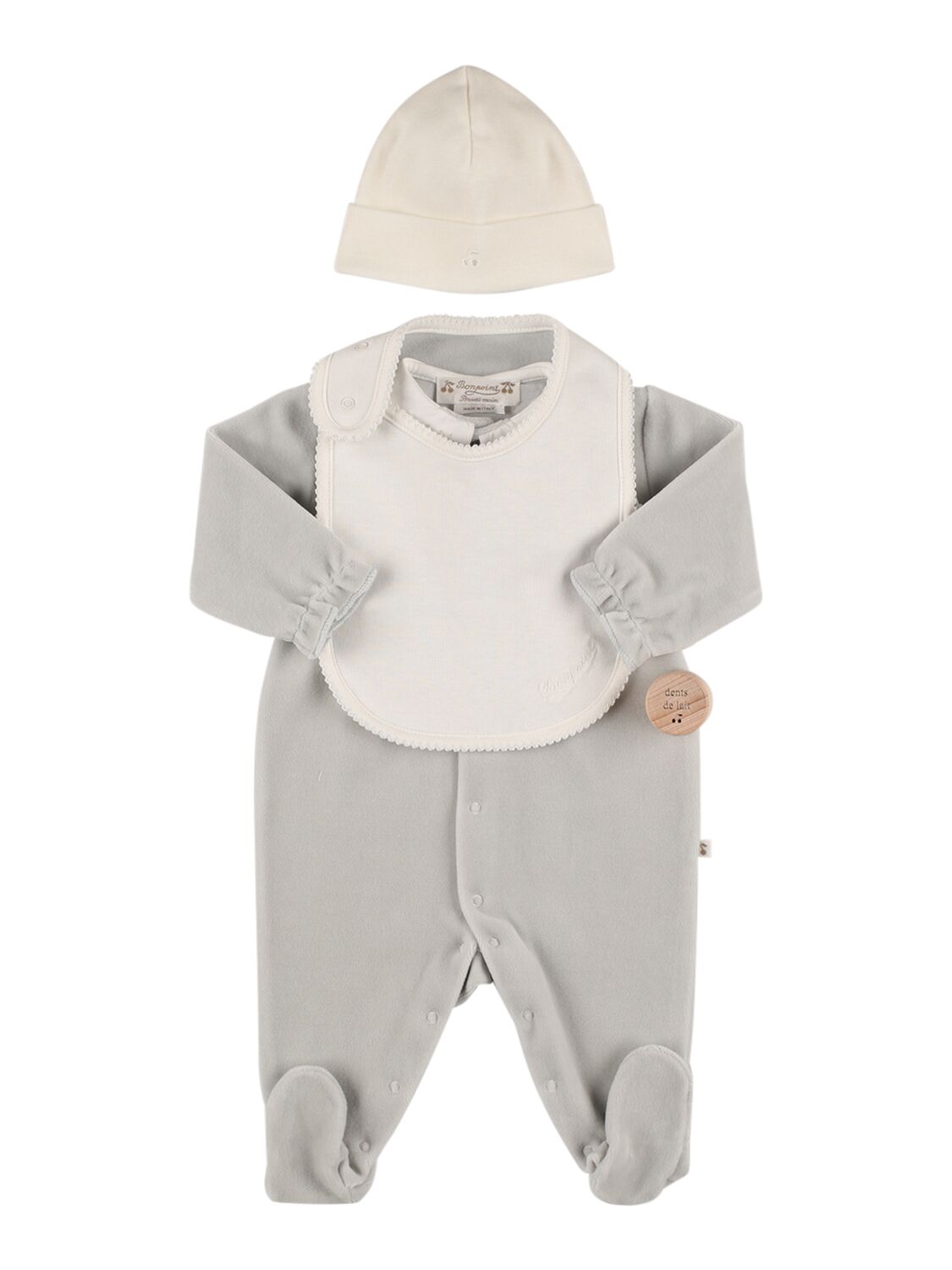 Bonpoint Babies' 棉质连体衣、围嘴、帽子&摇铃 In Grey