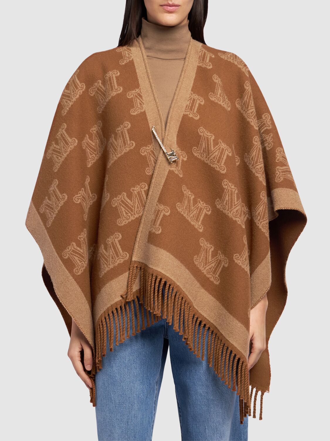 Shop Max Mara Frine Logo Jacquard Wool Cape In Brown