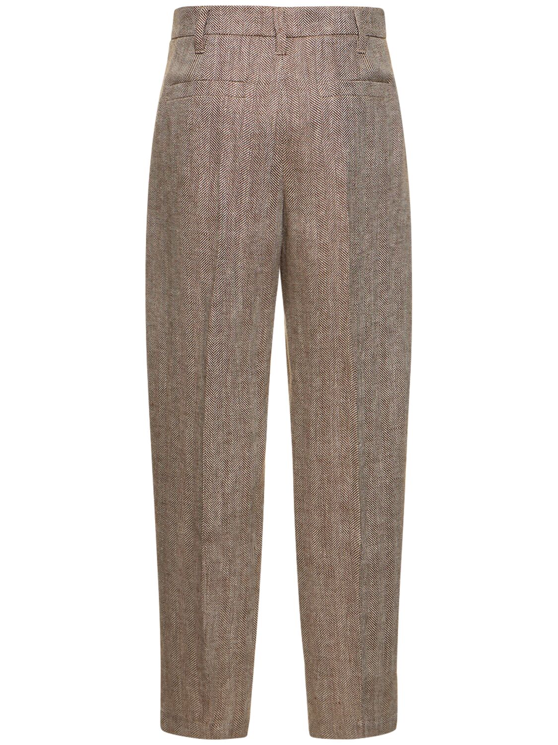 Shop Brunello Cucinelli Macro Herringbone Linen Straight Pants In Brown