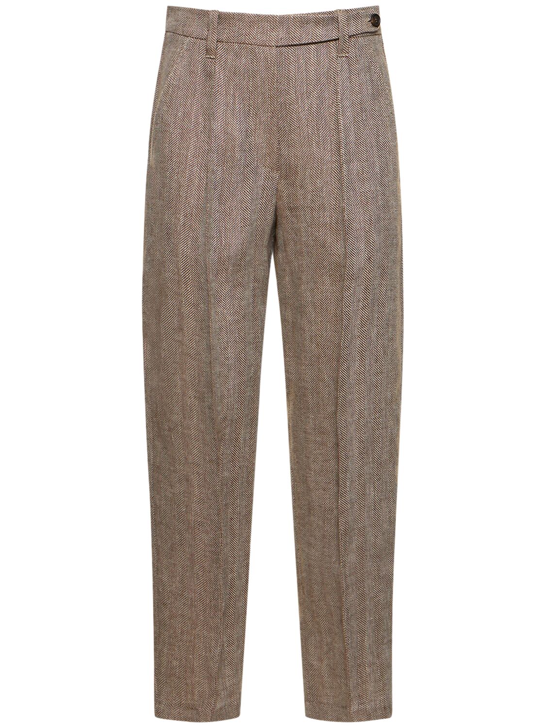 Brunello Cucinelli Macro Herringbone Linen Straight Trousers In Brown