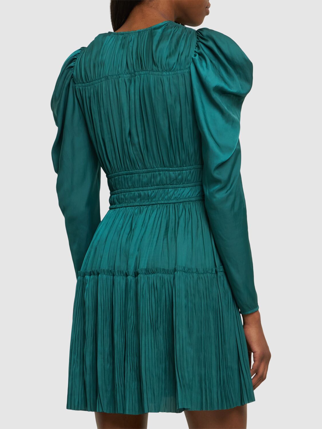 Shop Ulla Johnson Lu Pleated Satin Mini Dress In Green