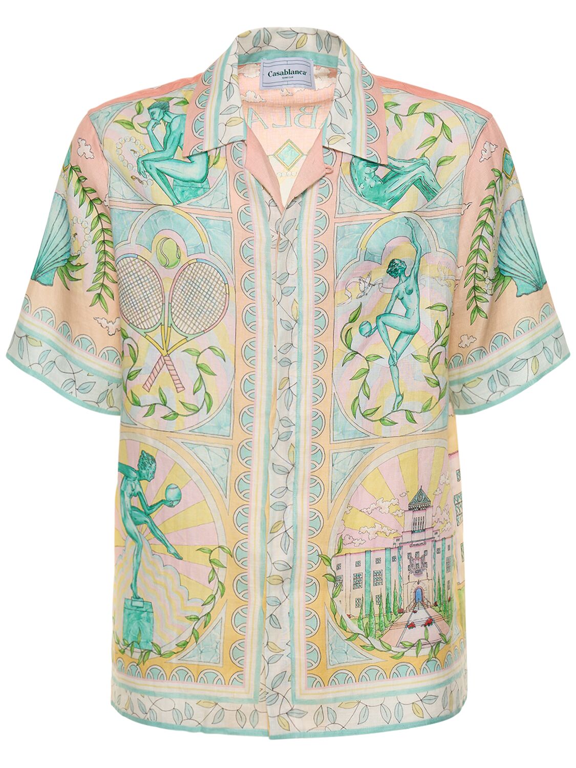 Casablanca Cuban Collar Linen Short Sleeve Shirt In Multi