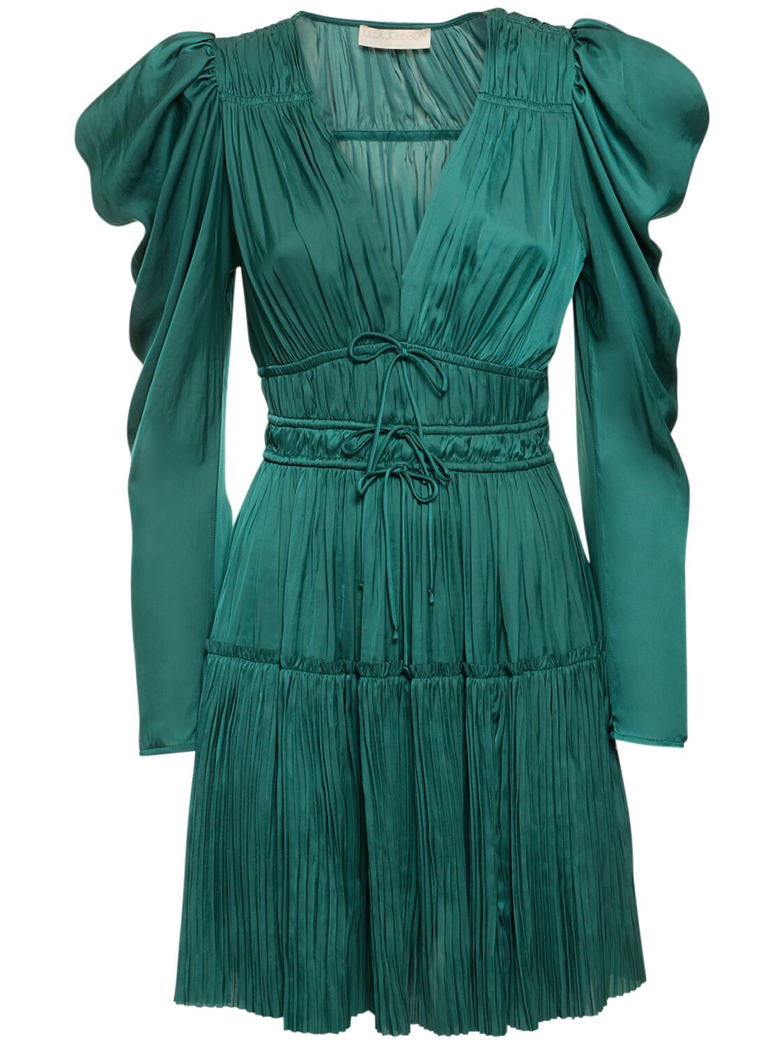 Shop Ulla Johnson Lu Pleated Satin Mini Dress In Green