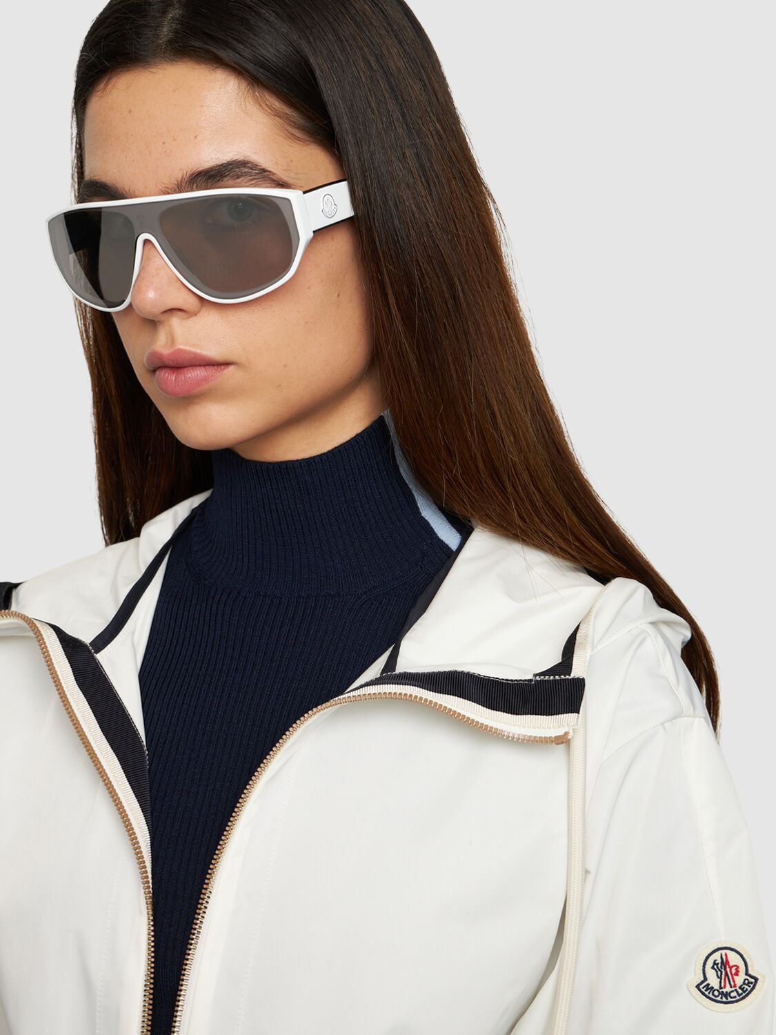 Shop Moncler Tronn Shield Acetate Mask Sunglasses In Shiny White