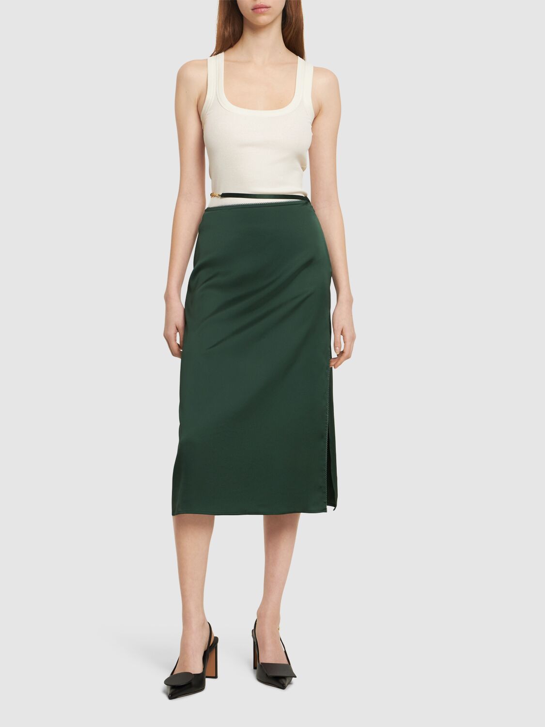 Shop Jacquemus La Jupe Notte Satin Midi Skirt In Dark Green