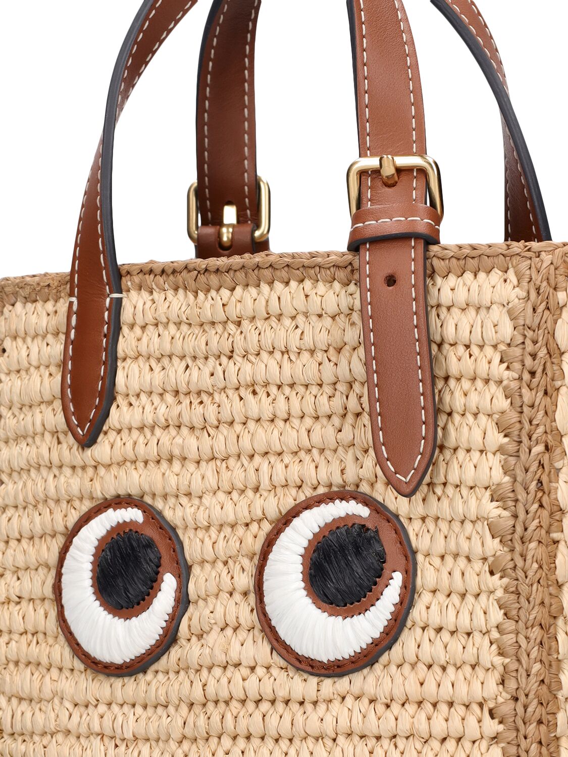 Shop Anya Hindmarch Mini Eyes Raffia Top Handle Bag In Natural