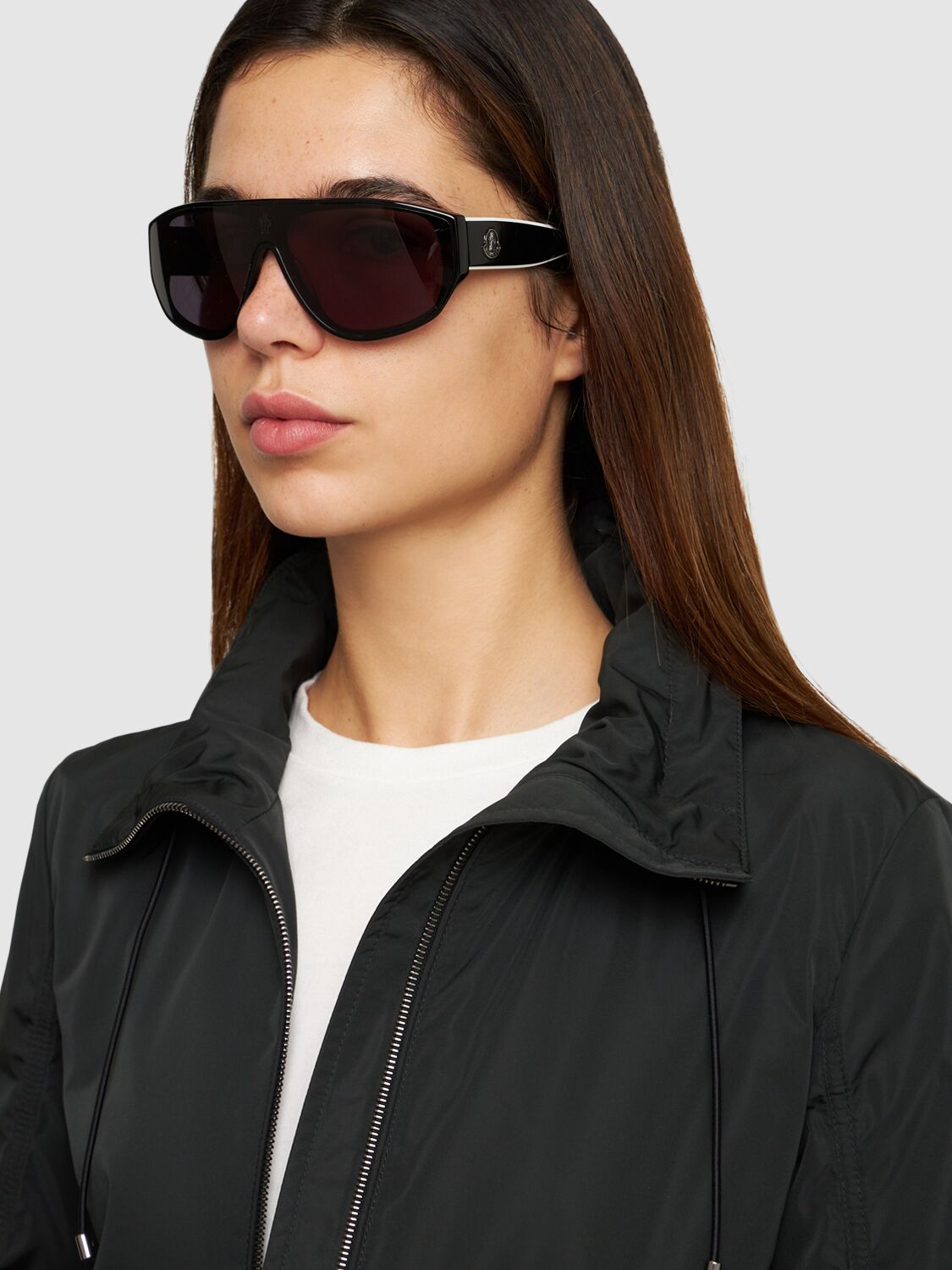 Shop Moncler Tronn Shield Acetate Mask Sunglasses In Shiny Black