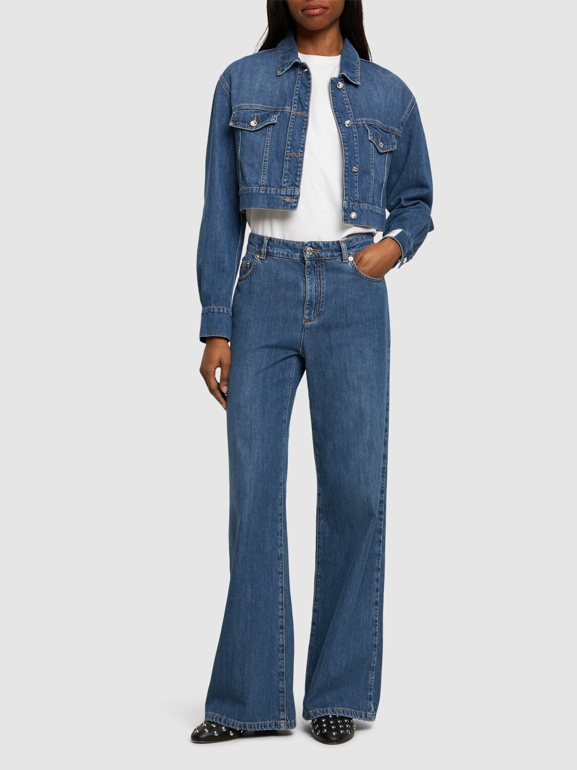 Shop Moschino Denim Cotton Low Rise Wide Jeans In Blue