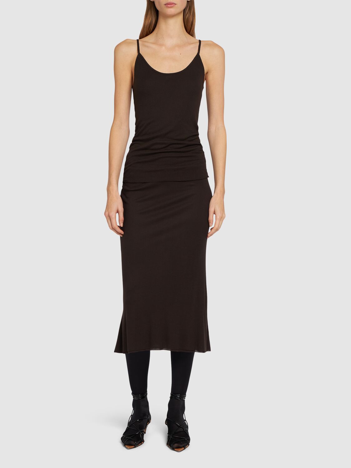 Shop Khaite Leema Viscose Midi Skirt In Dark Brown