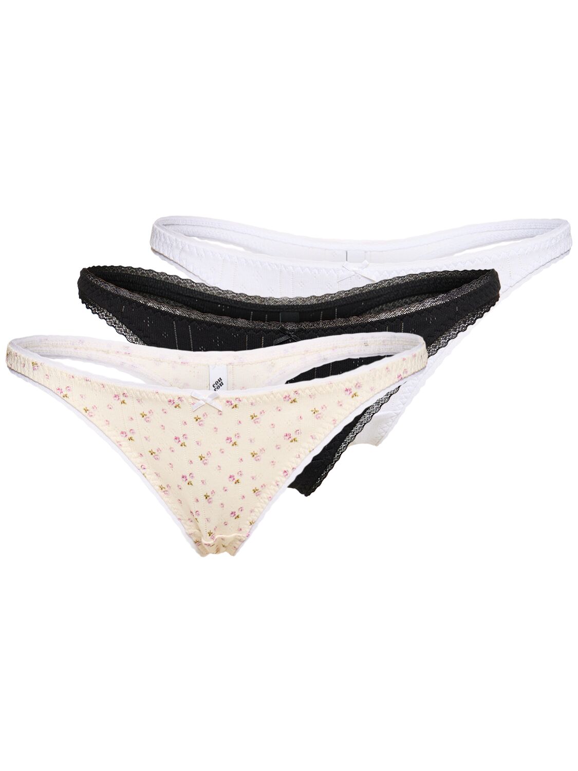 Cou Cou Set Of 3 The Pointelle Cotton Thongs In Black,white,rose