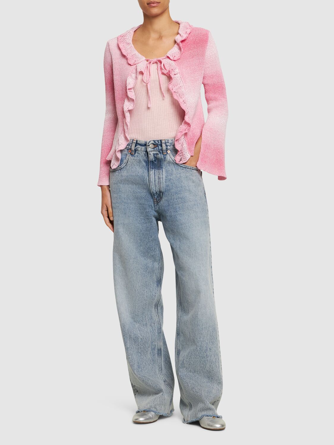 Shop Msgm Ruffled Cotton Blend Cardigan In Pink