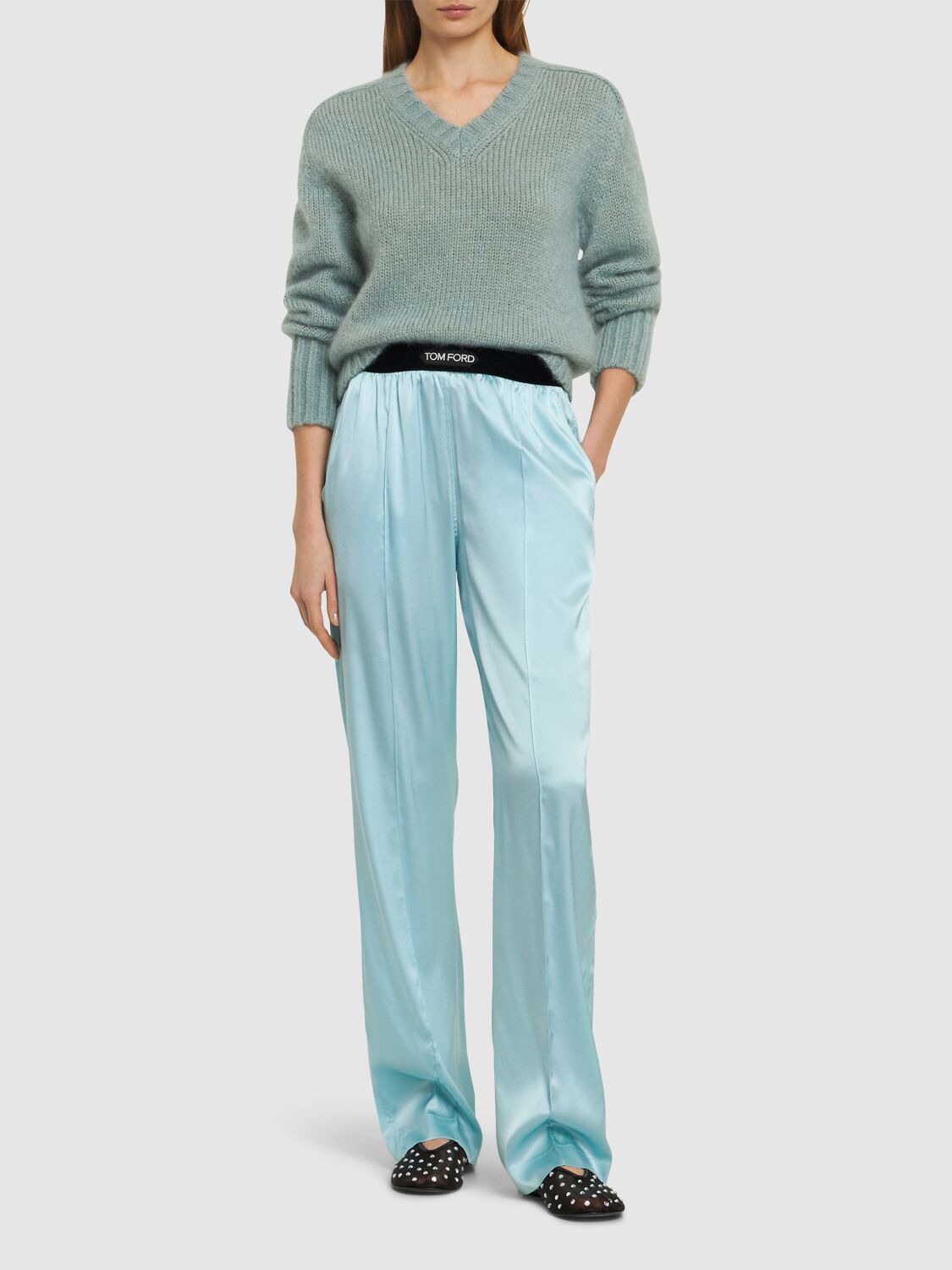 Shop Tom Ford Silk Satin Pajama Pants In Turquoise