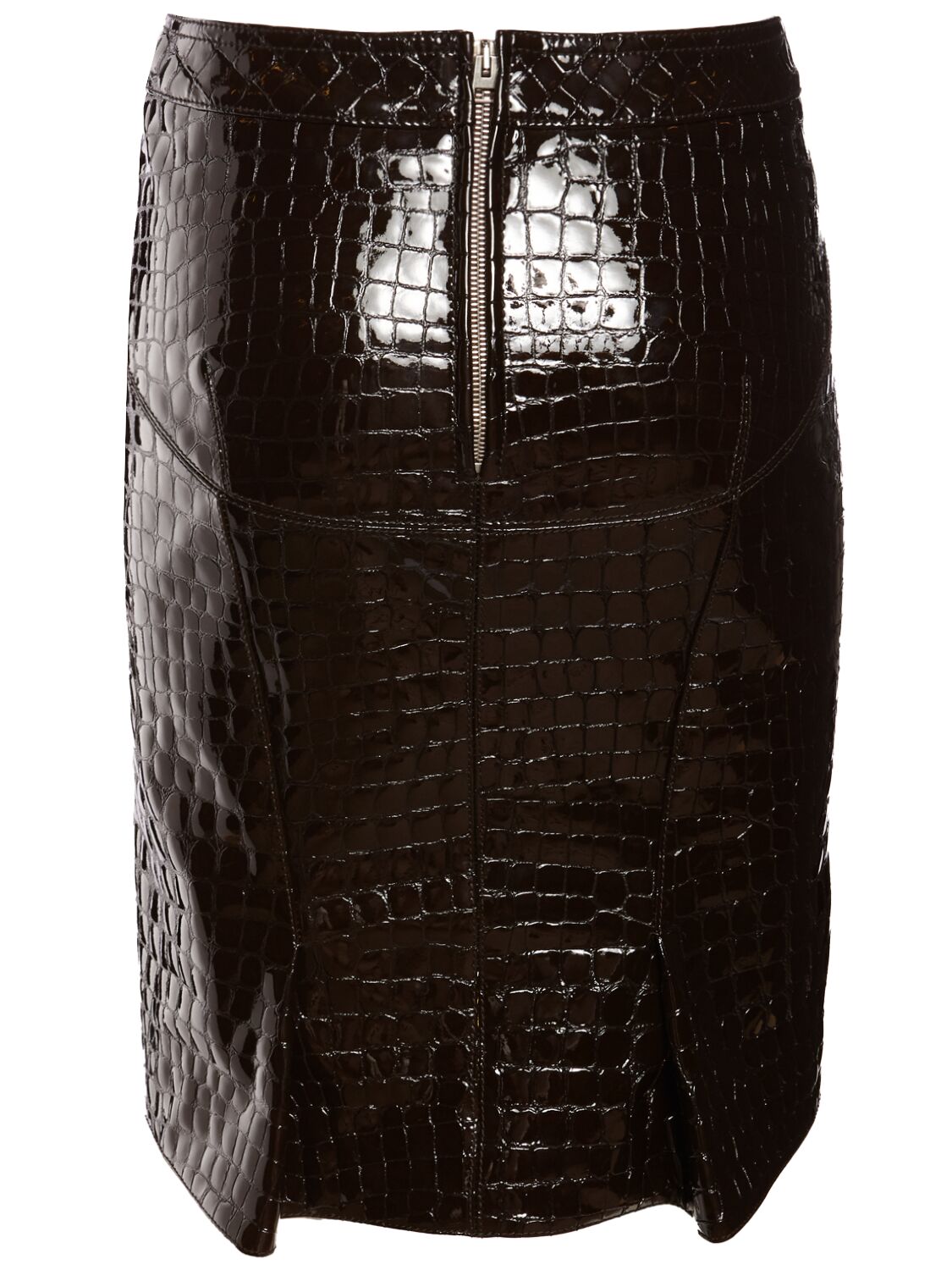 Shop Tom Ford Glossy Croc Print Leather Mini Skirt In Brown