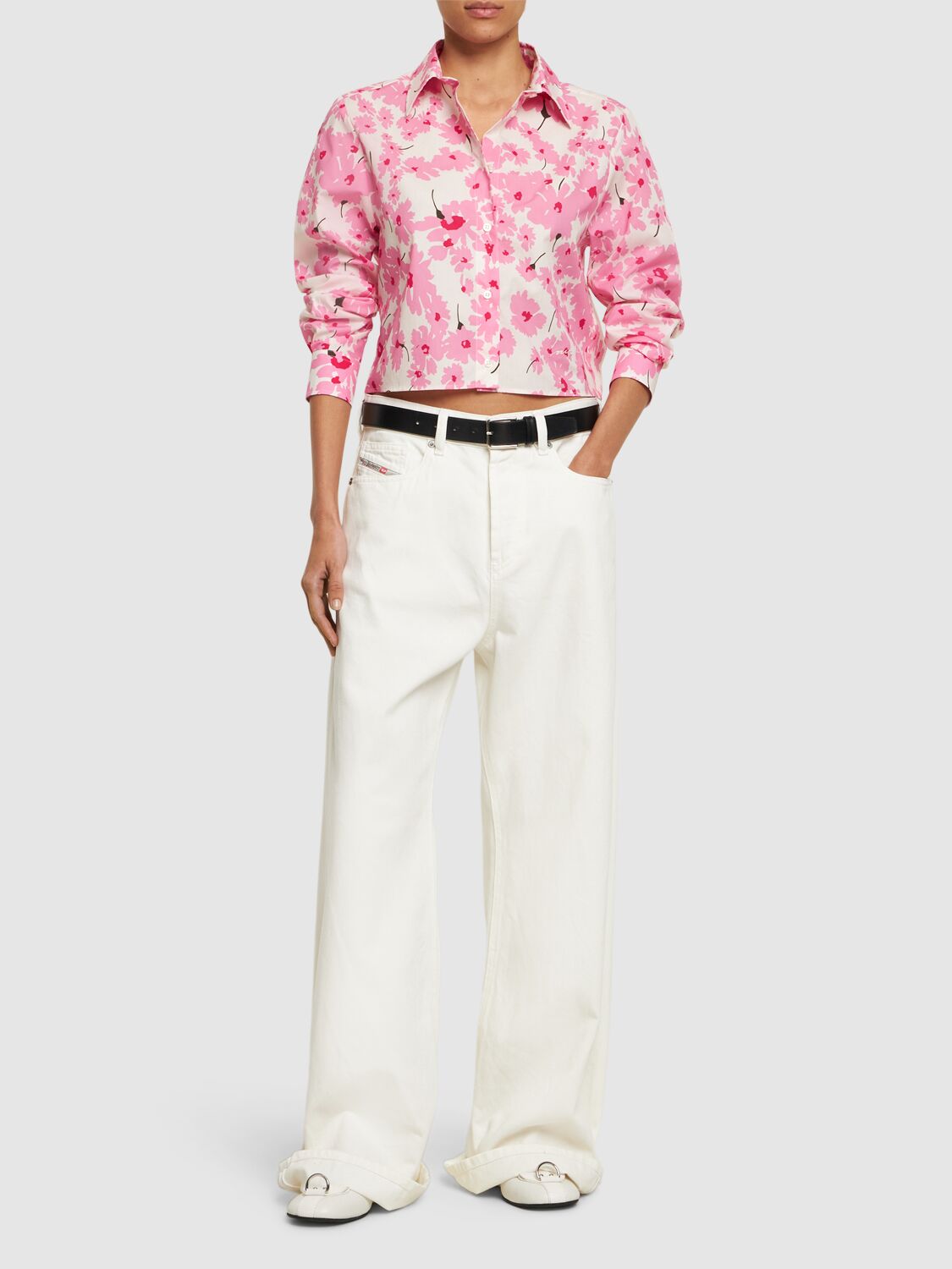 Shop Msgm Printed Cotton Shirt In White,pink