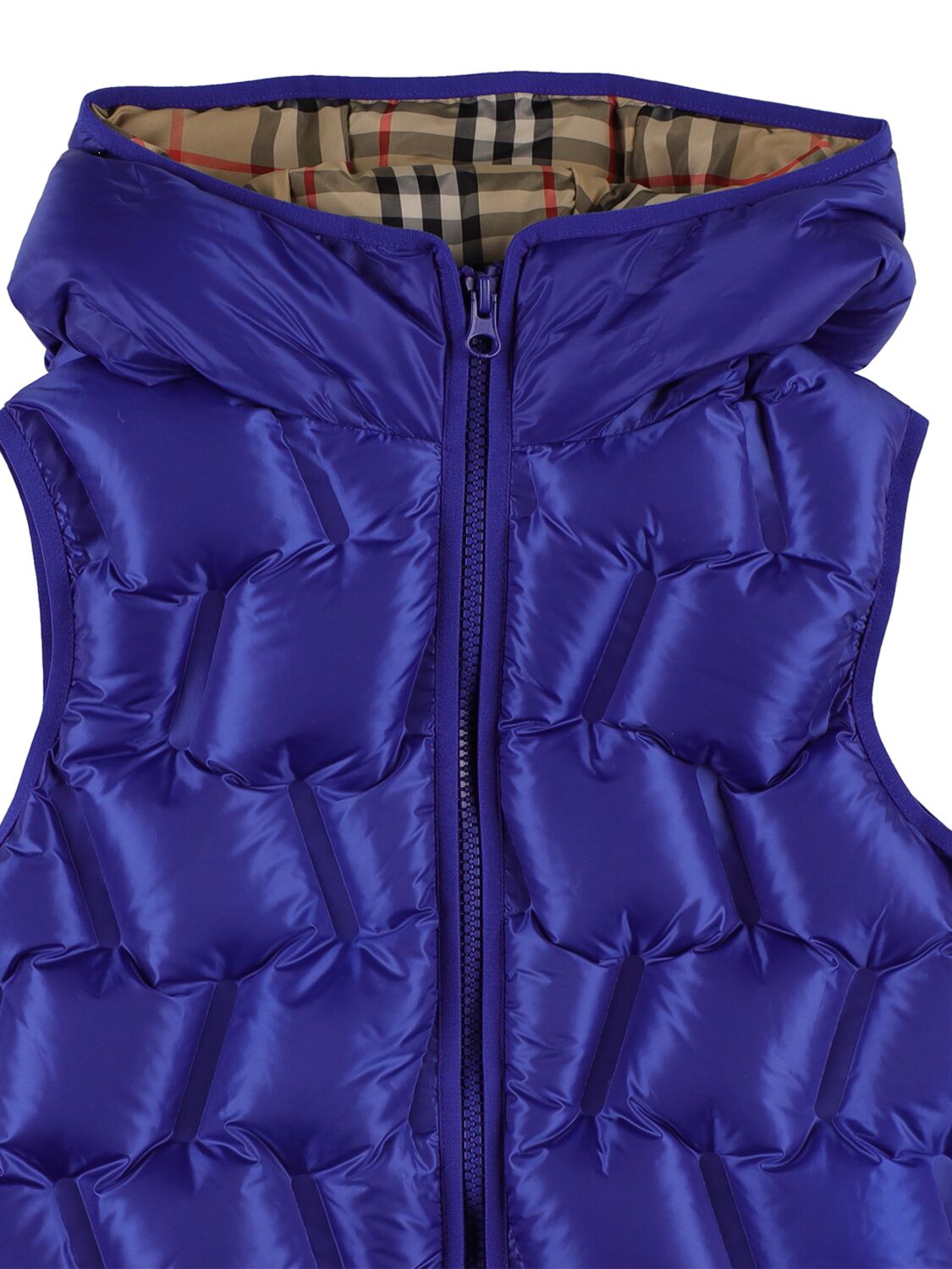 Shop Burberry Reversible Check Print Nylon Down Vest In Blue,beige