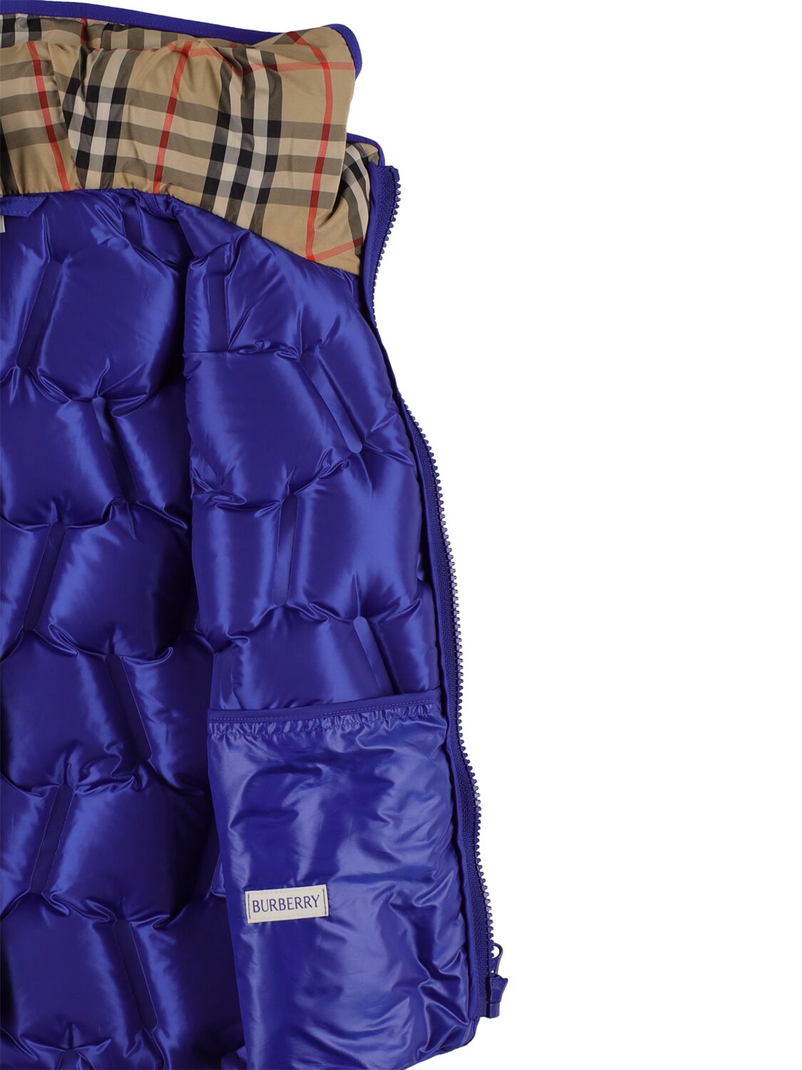 Shop Burberry Reversible Check Print Nylon Down Vest In Blue,beige