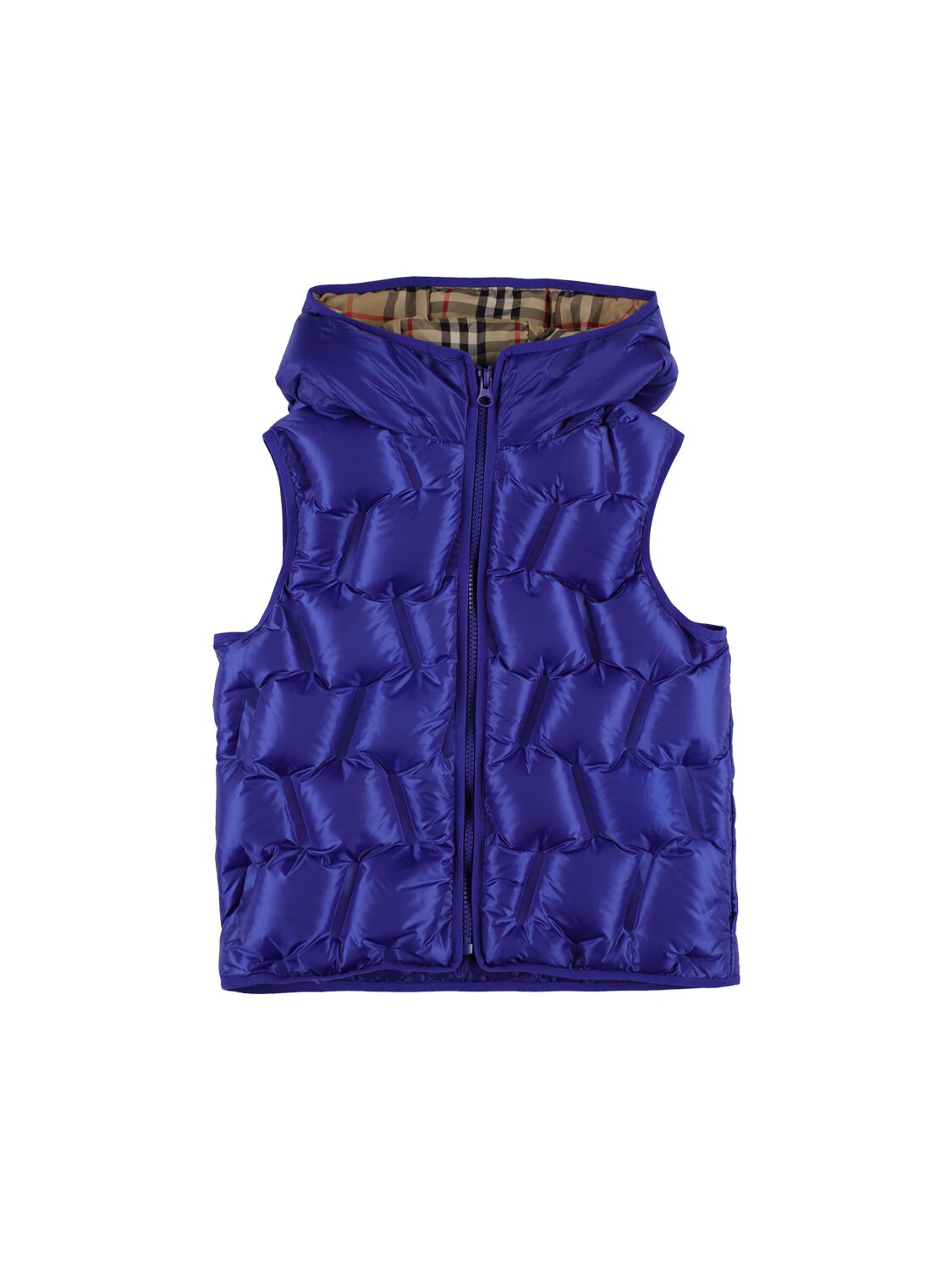 Shop Burberry Reversible Check Print Nylon Down Vest In Blue,beige