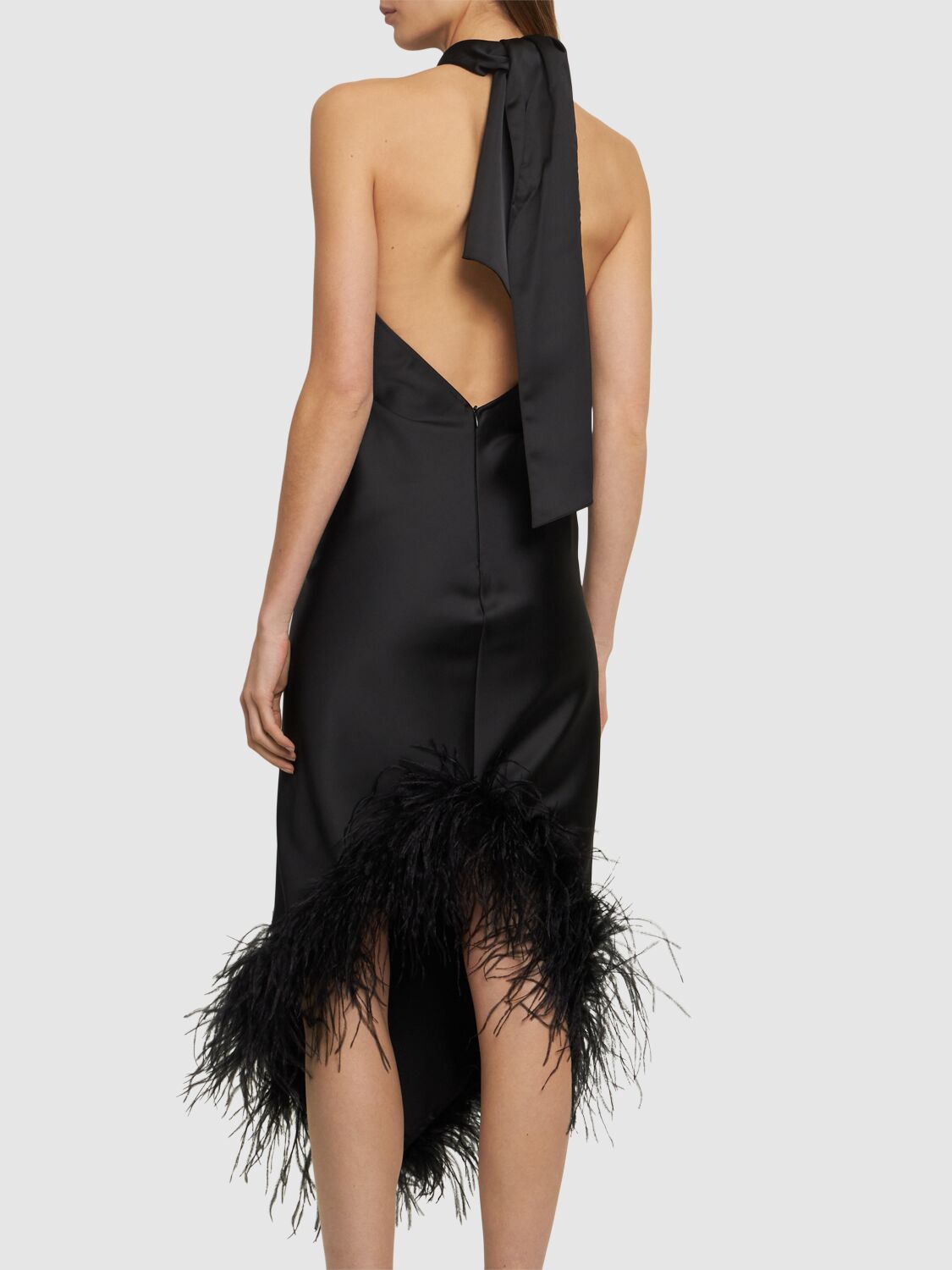 Shop Giuseppe Di Morabito Satin Midi Dress W/feathers In Black