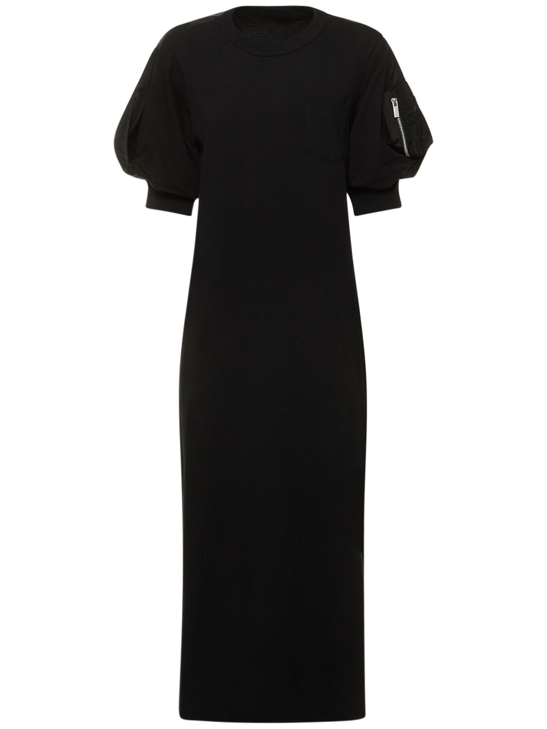 Sacai Nylon Twill & Jersey Long Dress In Black