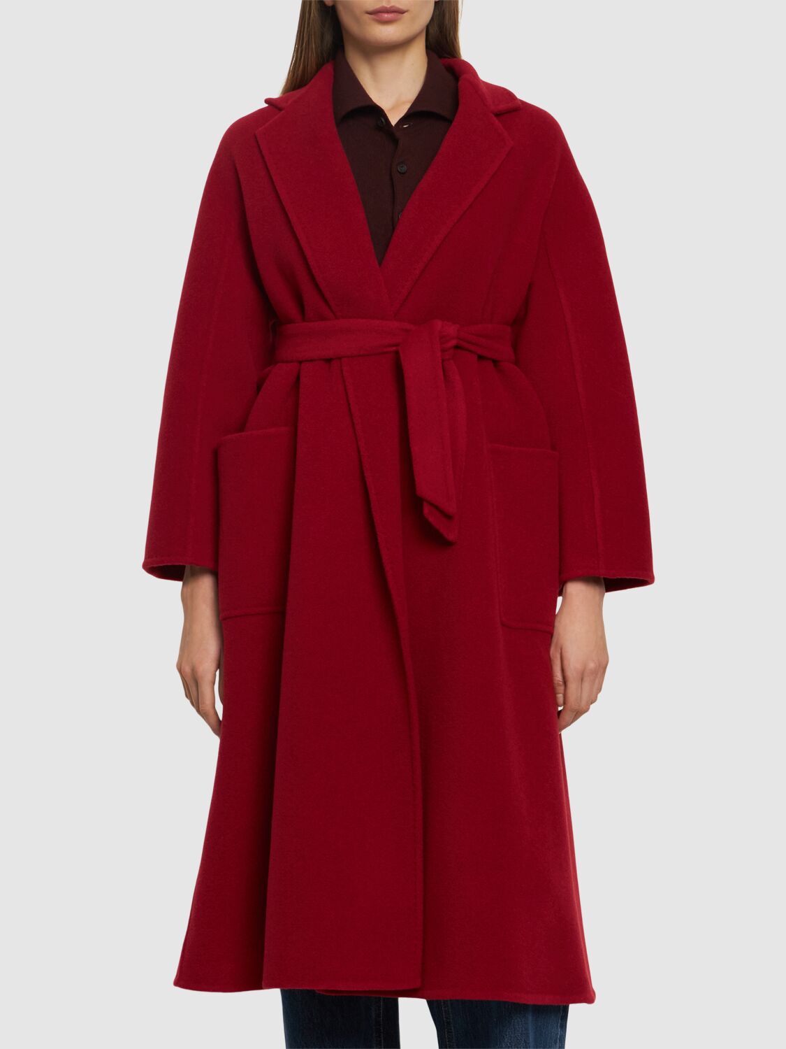 Shop Max Mara Ludmilla1 Cashmere Long Coat W/ Belt In Dark Red