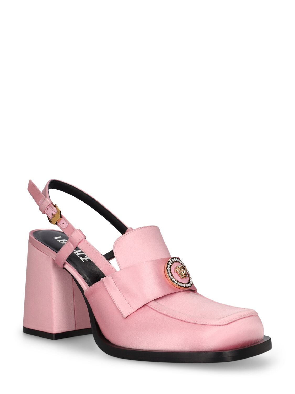 Shop Versace 85mm Satin Slingback Pumps In Pink