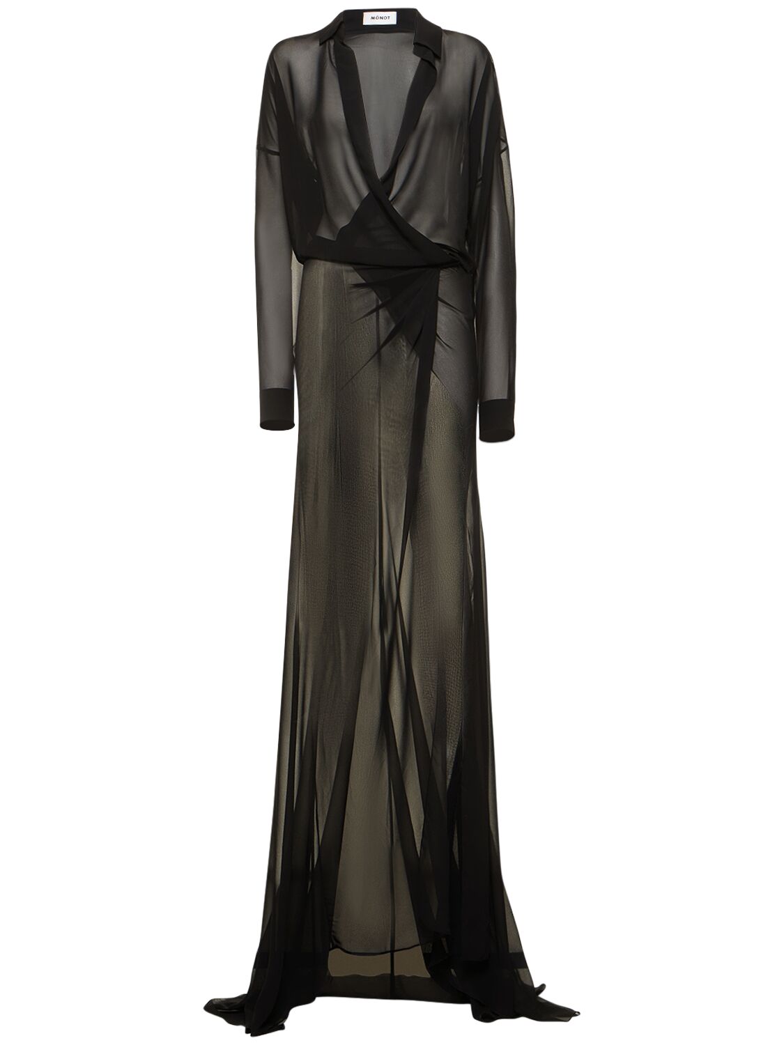 Monot Draped Georgette Long Wrap Shirt Dress In Black