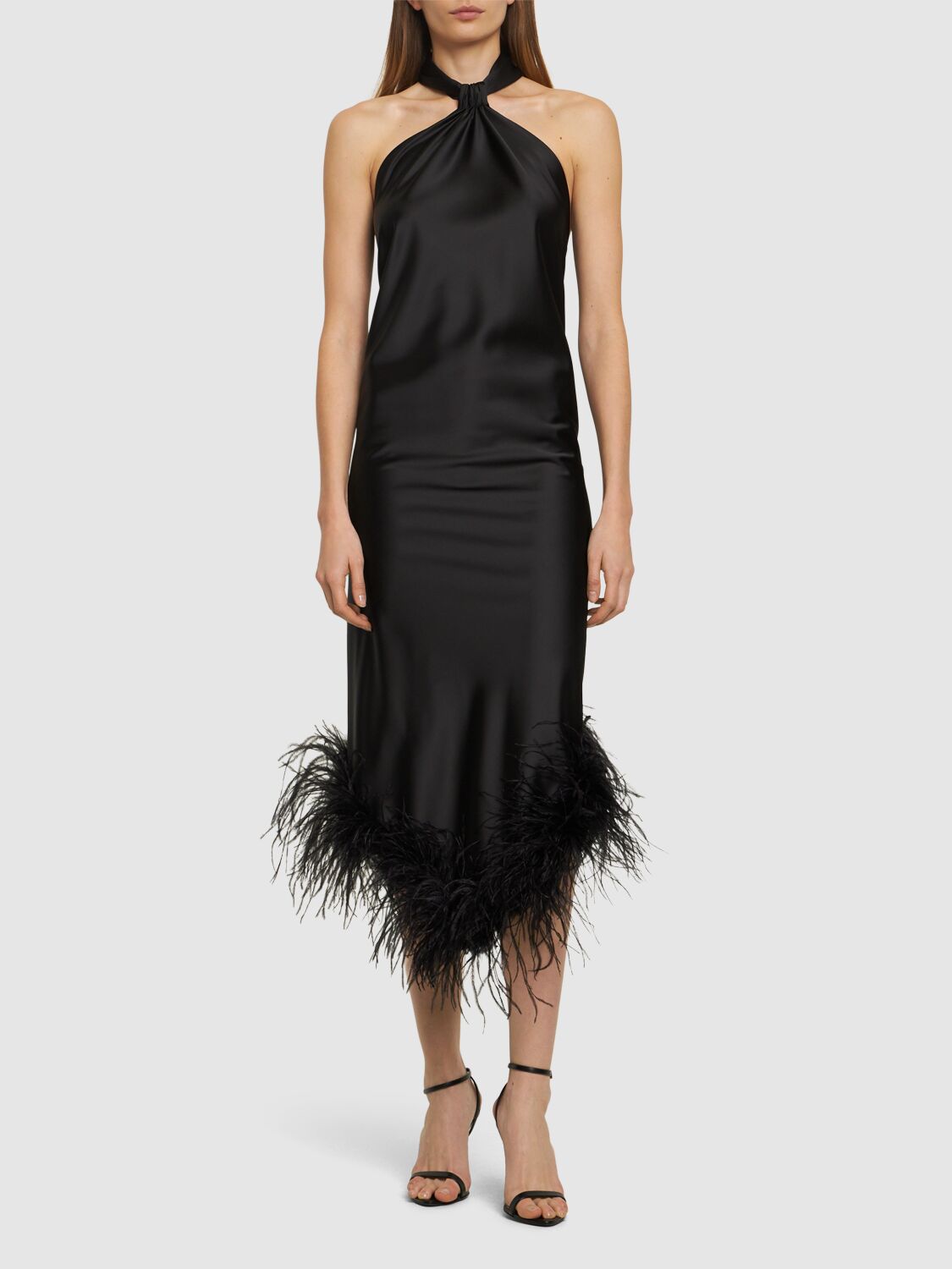 Shop Giuseppe Di Morabito Satin Midi Dress W/feathers In Black