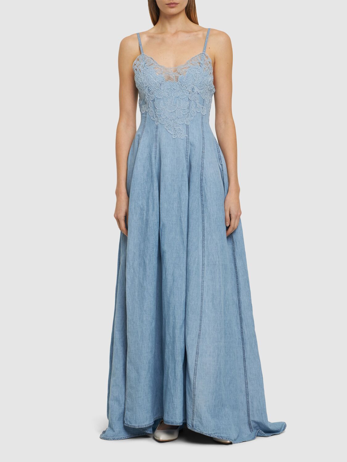Shop Ermanno Scervino Embroidered Cotton & Linen Maxi Dress In Light Blue