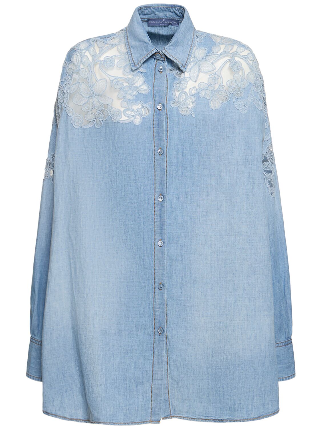 Ermanno Scervino Embroidered Cotton Blend Oversize Shirt In Light Blue