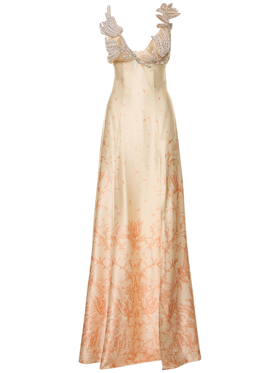 Mithridate Printed Stretch Silk Evening Long Dress In Pink,orange