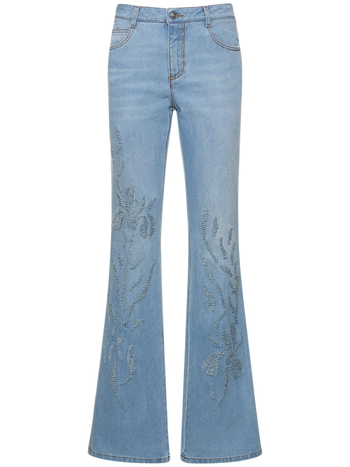 Image of Embroidered Denim Mid Rise Flared Jeans